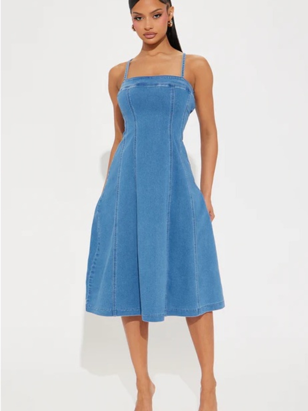 Blue Denim Square-Neck Midi Dress XL  NWT